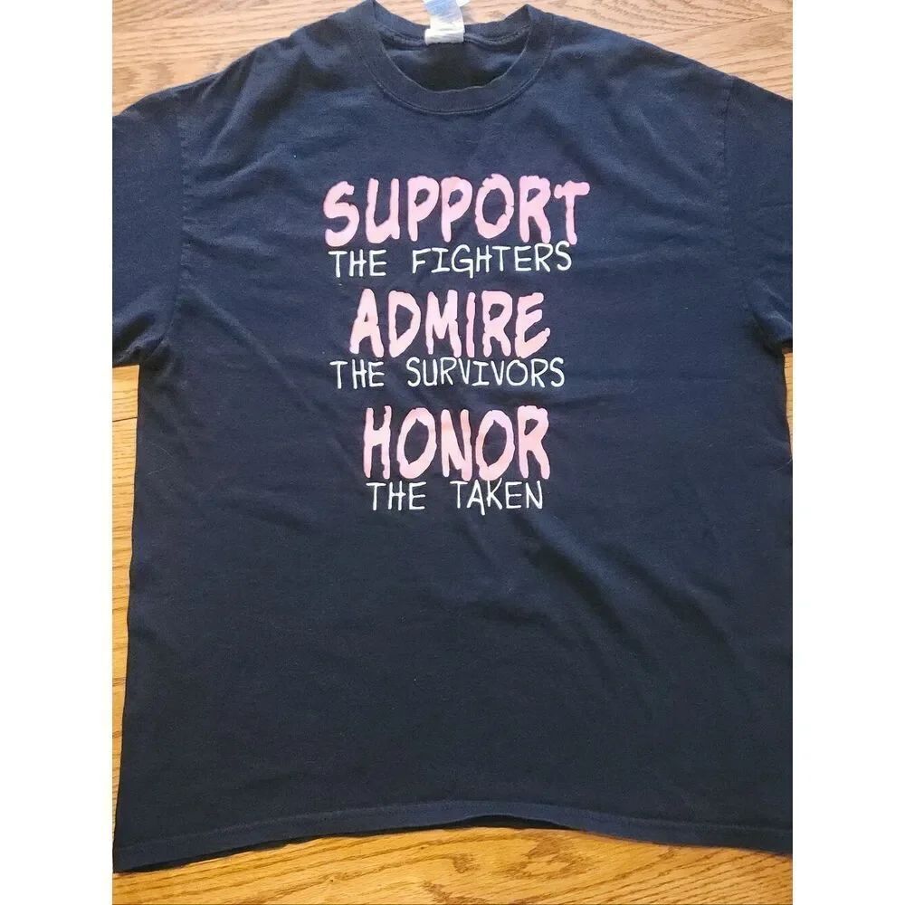 E28 Support Admire Honor Pink Ribbon Graphic Tee - Black w Pink & White Text